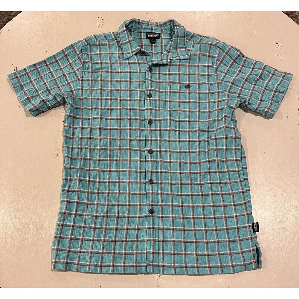 Patagonia Organic Cotton Worn Wear Teal Red Check Button Shirt Men Size Medium M